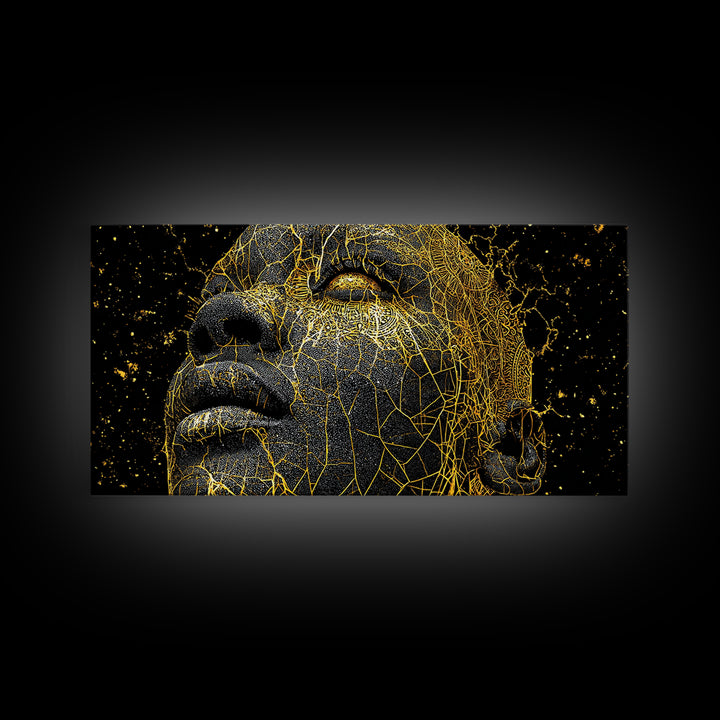 Golden Cracked Black Face Portrait Canvas Print, Abstract African Art, Melanin Artwork, Modern Black Art Decor, Gift For Him