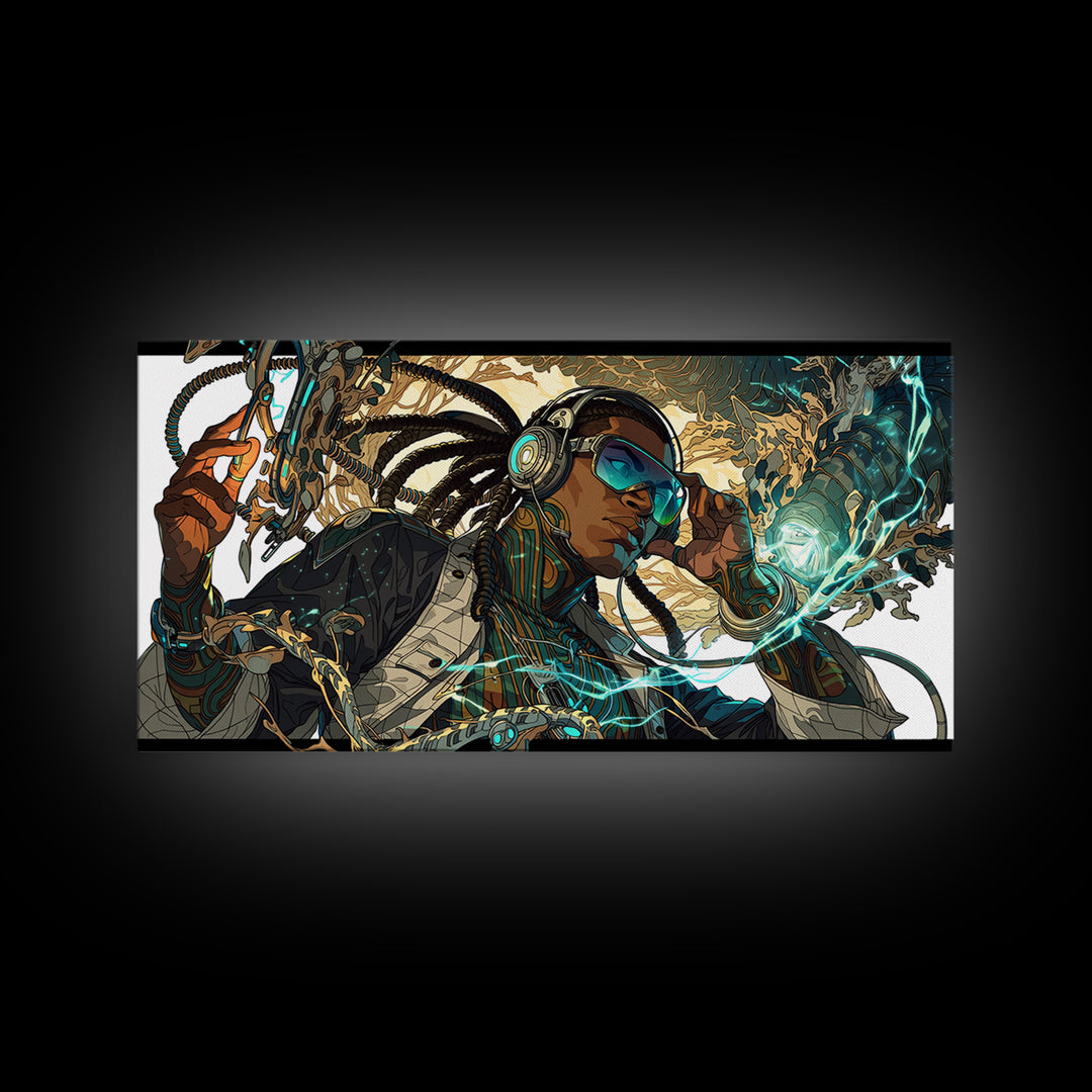 Afrofuturist Black Woman With Headphones Framed Canvas Print, Sci Fi Portrait, Afrocentric Wall Art, Digital Art Decor Gift