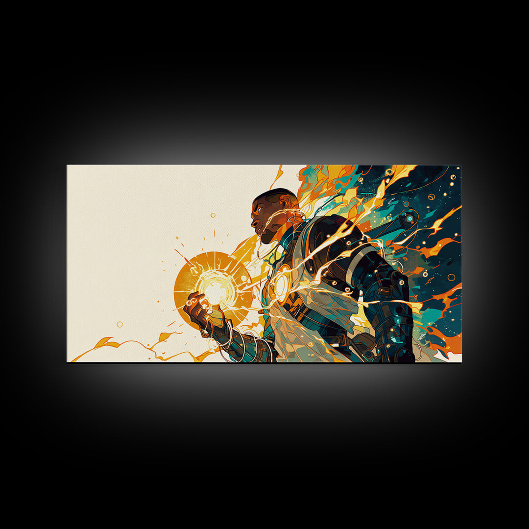 Black Futuristic Warrior Holding Sun Canvas Print, Afrofuturism Decor, Modern African Art, Teal Orange Wall Art Gift For Him