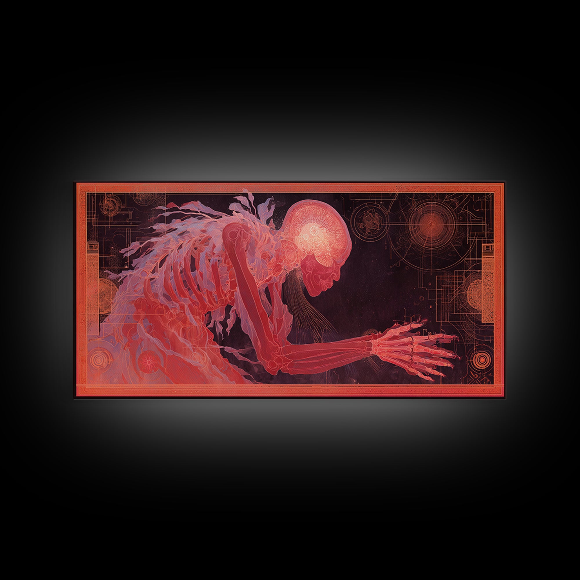 Pink Cybernetic Spirit Skeleton Framed Canvas Print, Futuristic Sci Fi Anatomy Wall Art, Mystical Afrocentric Decor Gift