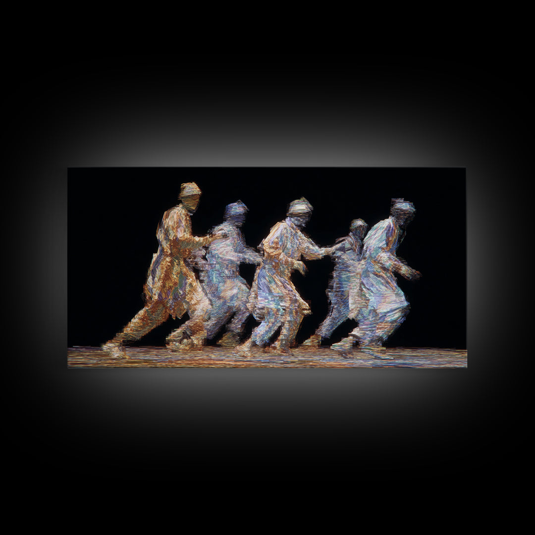 Five Glowing Figures Running On Black Canvas Print, Abstract Motion Wall Art, African Diaspora Art, Modern Home Decor Gift