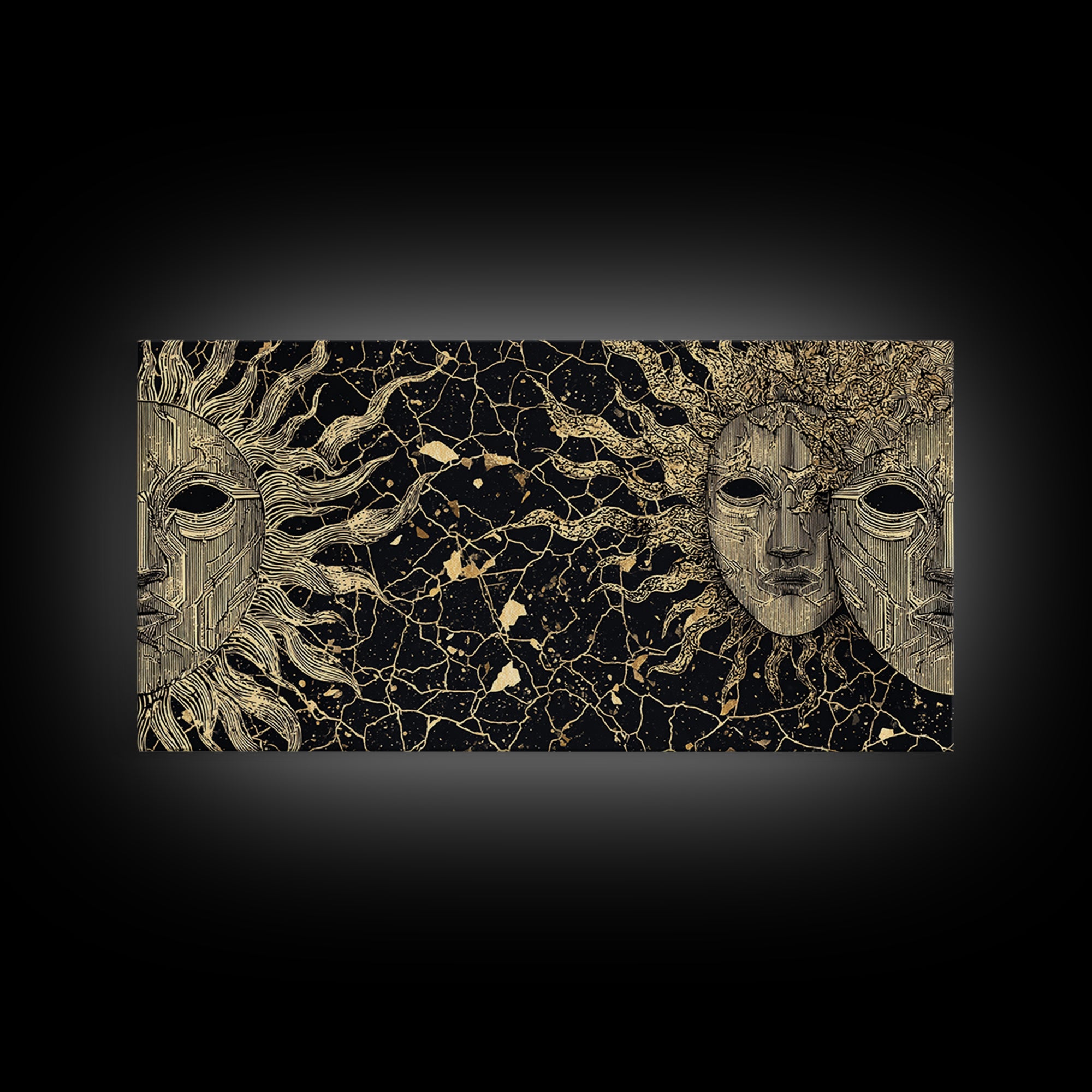 Golden African Masks On Black Abstract Wall Art, Tribal Mask Canvas Print, African Decor, Cultural Home Decor Gift, Statement Piece