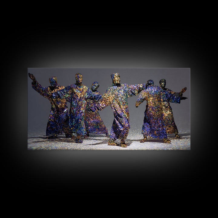 Shimmering Abstract African Figures Dancing Framed Canvas Print, Gold Black Art, Contemporary Afrocentric Wall Decor, Luxury Canvas Art