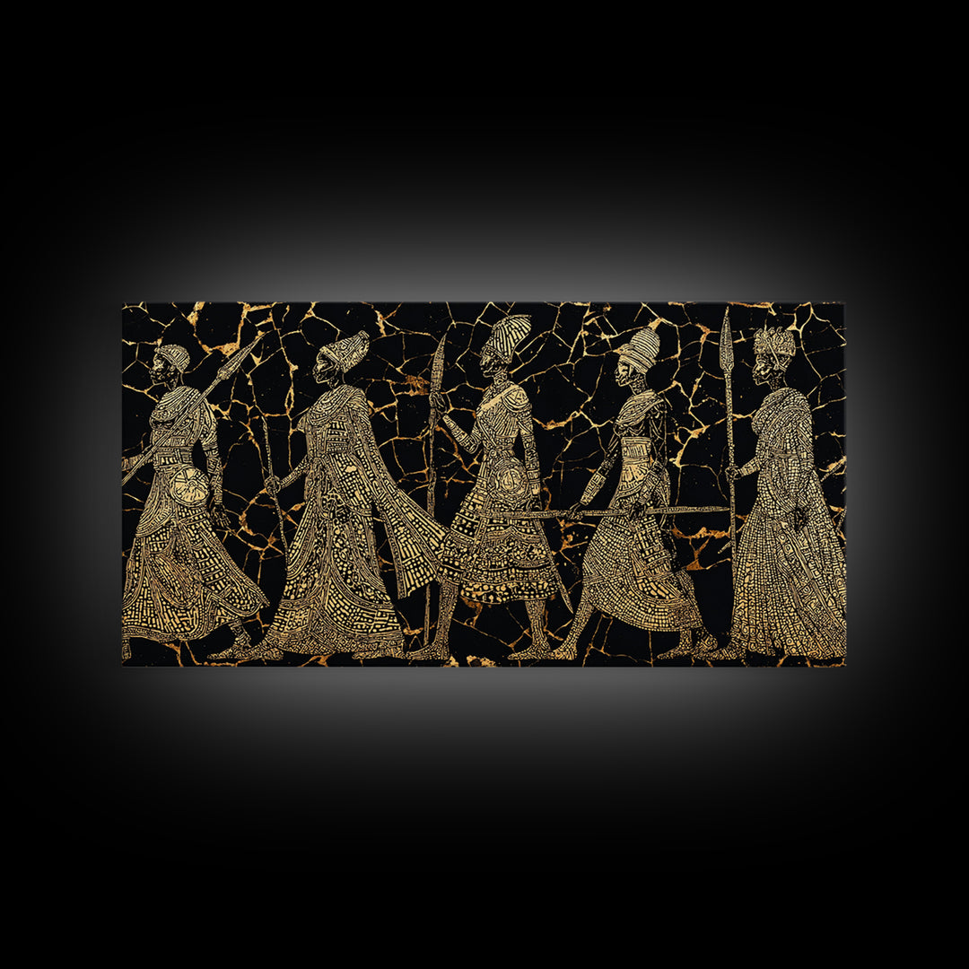 Gold Tribal Women Procession On Black Wall Art, African Patterns, Elegant Cultural Decor, Boho African Canvas Print For Bedroom
