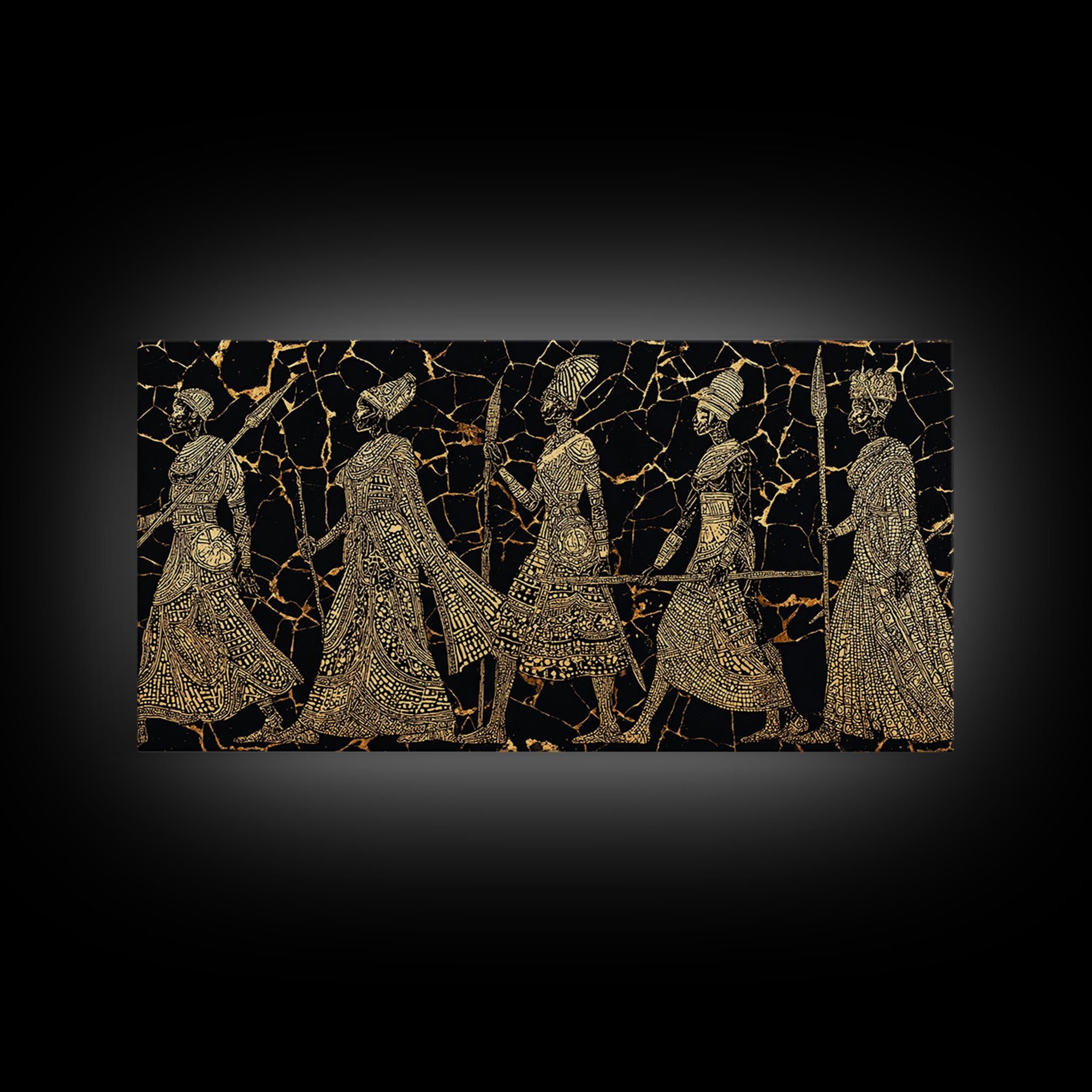 Gold Tribal Women Procession On Black Wall Art, African Patterns, Elegant Cultural Decor, Boho African Canvas Print For Bedroom