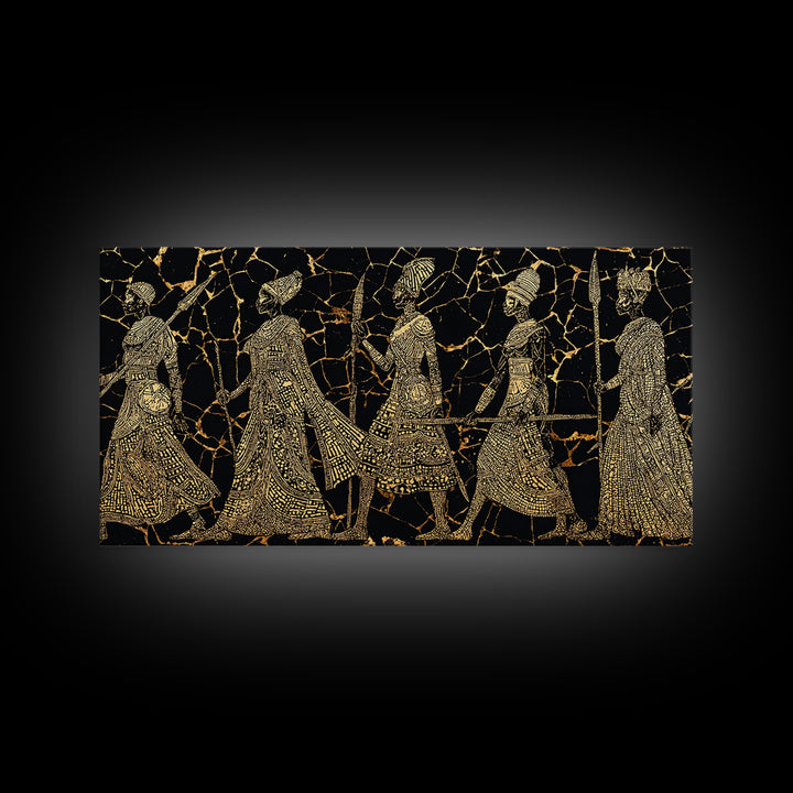 Gold Tribal Women Procession On Black Wall Art, African Patterns, Elegant Cultural Decor, Boho African Canvas Print For Bedroom