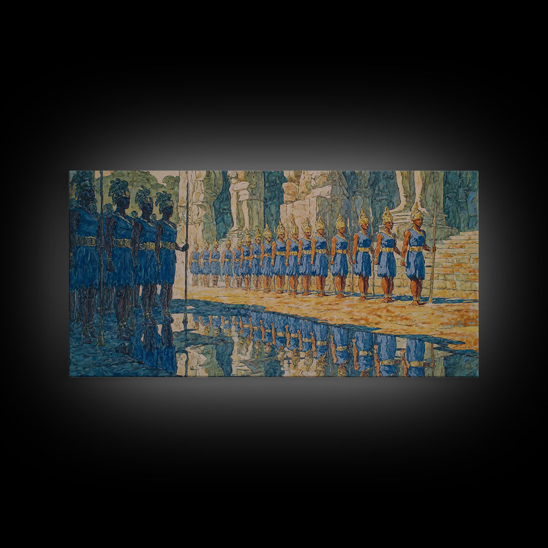 Blue Palace Guard Procession Canvas Print, African Warrior Art, Royal Cultural Wall Decor, Statement Living Room Artwork