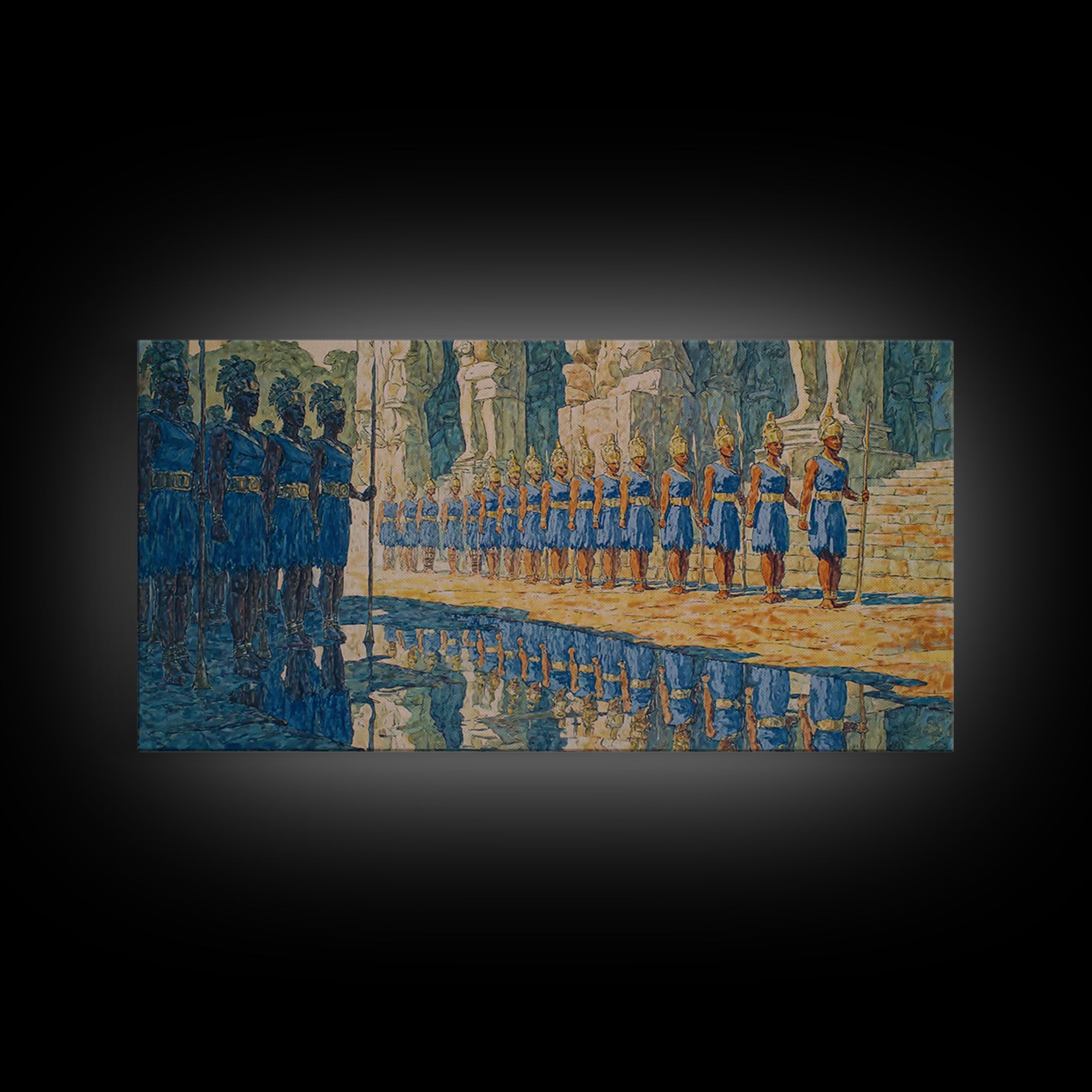 Blue Palace Guard Procession Canvas Print, African Warrior Art, Royal Cultural Wall Decor, Statement Living Room Artwork