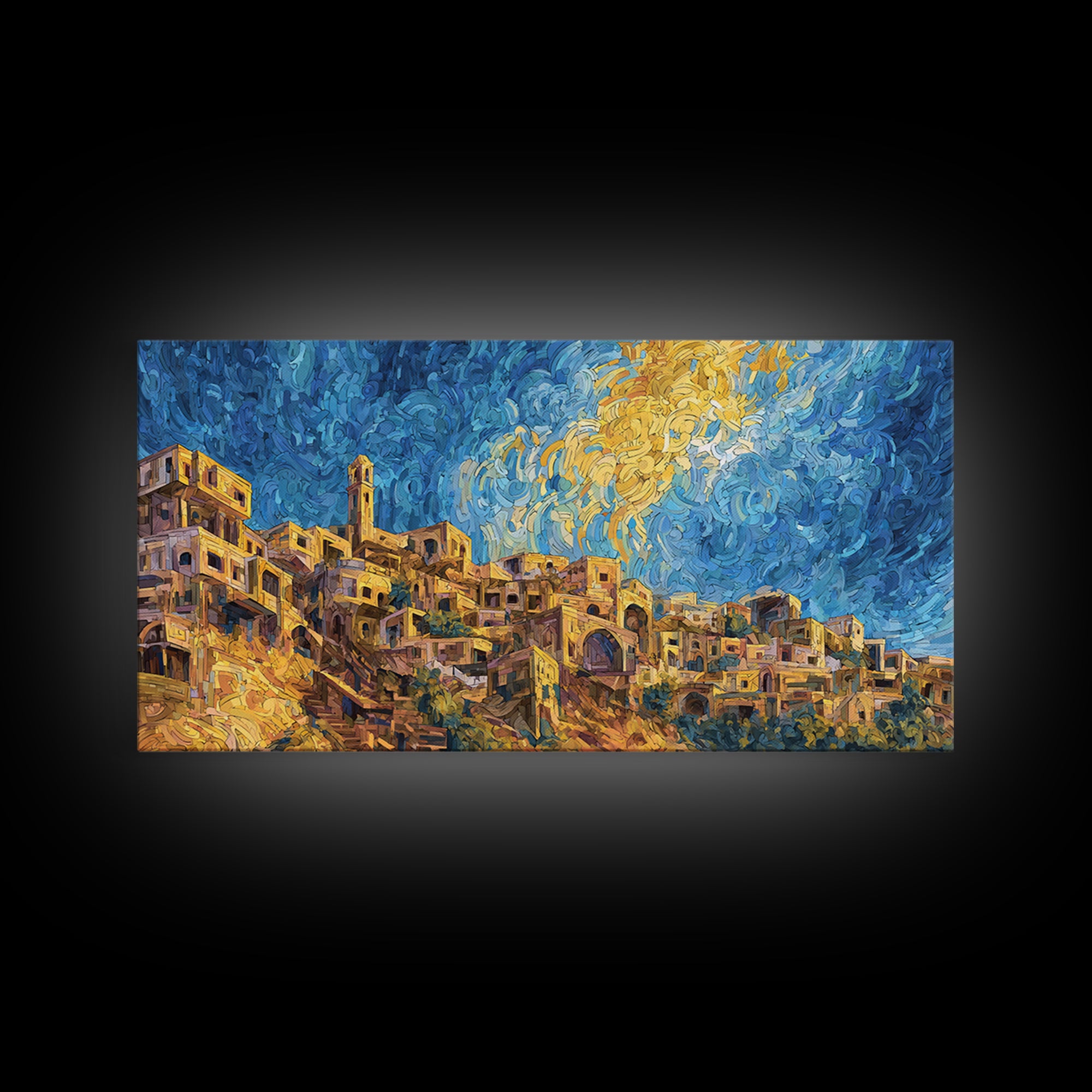 Swirling Sky Desert Village Framed Canvas Print, African Landscape Wall Art, Dreamy Blue Gold Home Decor, Unique Gift Idea