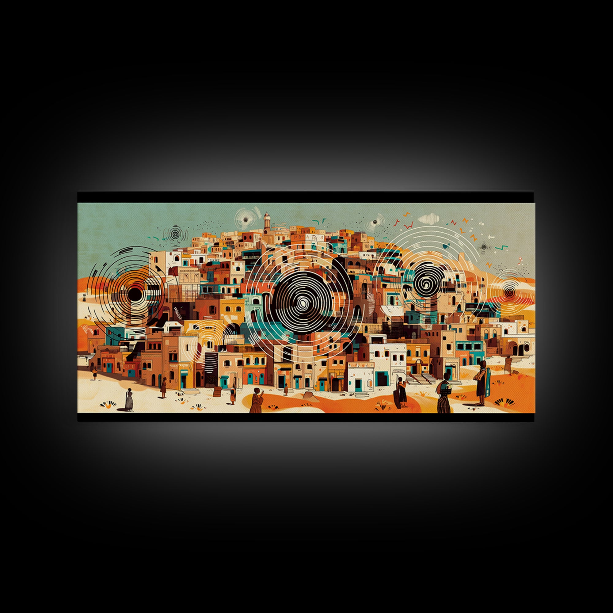 Panoramic Desert City With Circular Motifs Canvas Print, African Landscape, Modern Wall Art, Terracotta Home Decor Gift For Him