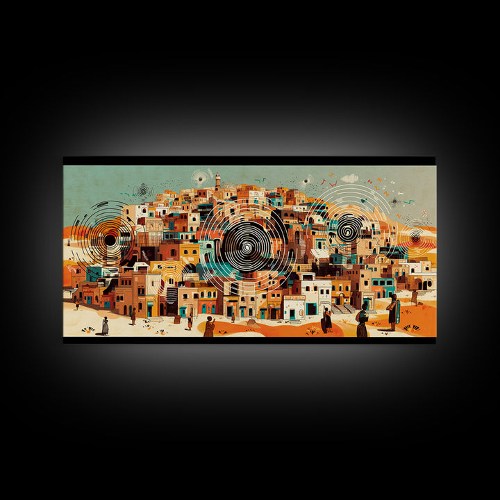 Panoramic Desert City With Circular Motifs Canvas Print, African Landscape, Modern Wall Art, Terracotta Home Decor Gift For Him