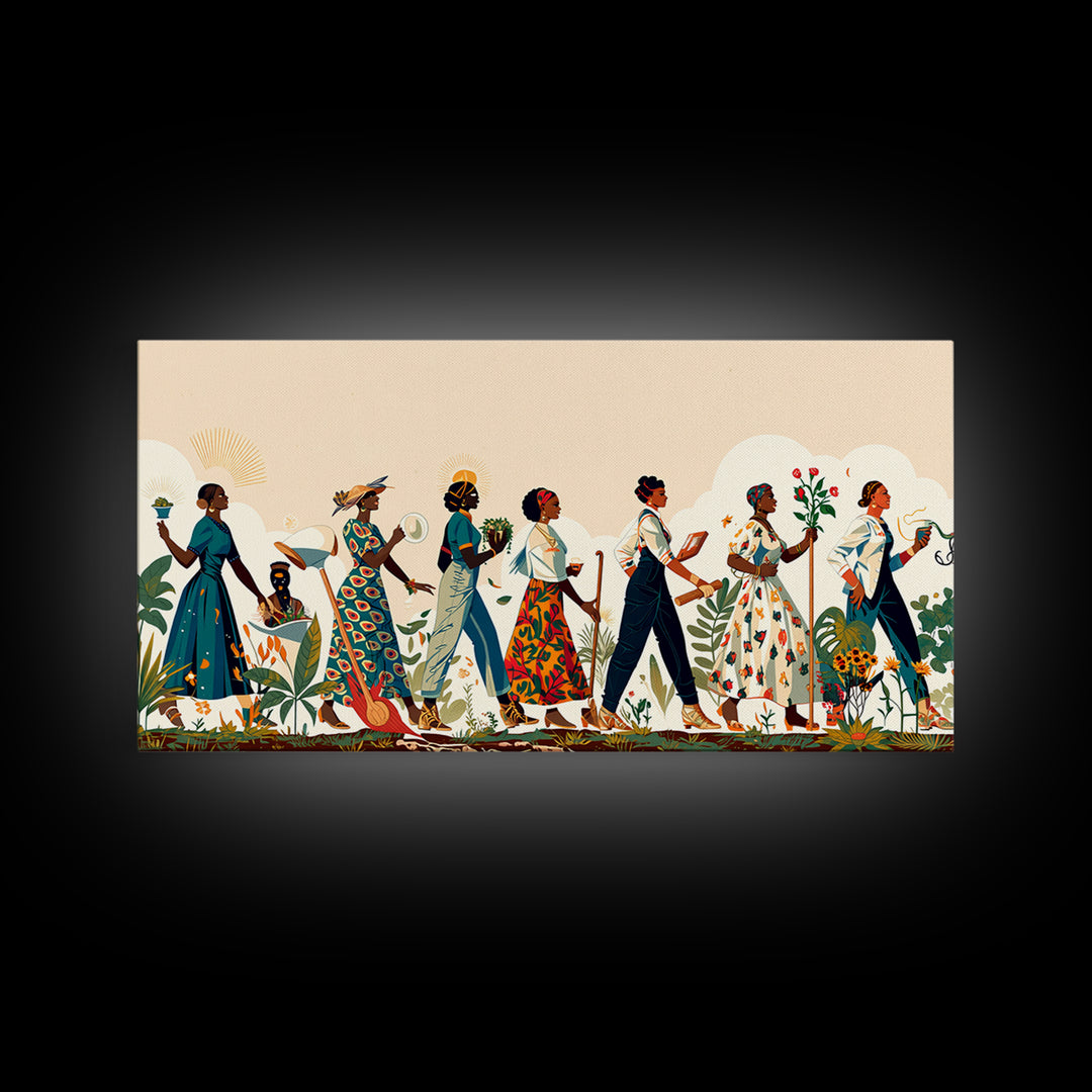 Elegant African Women Procession Wall Art, Floral Ankara Dresses, Feminine Afrocentric Decor, Black Woman Art Gift For Her