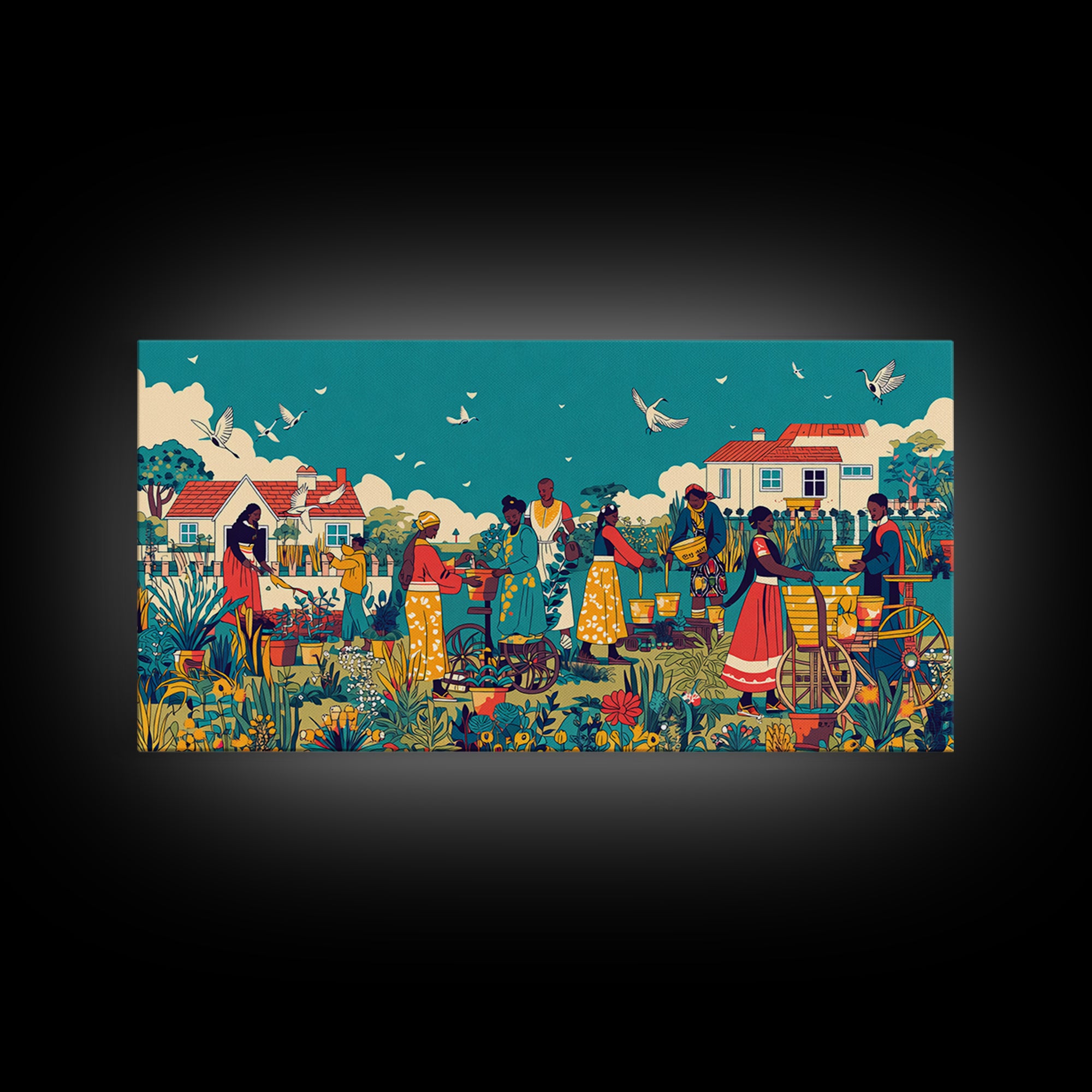 Joyful African Village Garden Canvas Print, Black Women Community Scene, Colorful Afrocentric Wall Decor, Housewarming Gift
