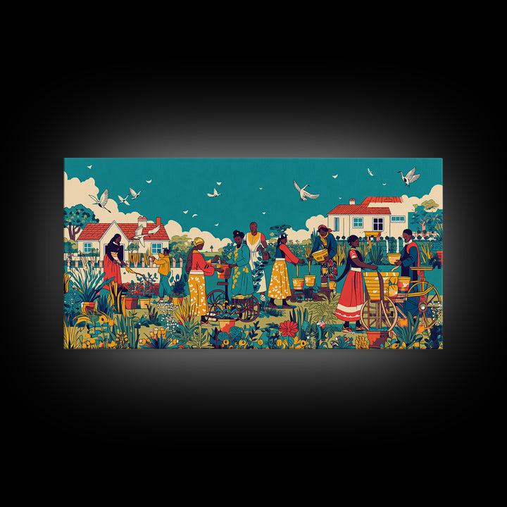 Joyful African Village Garden Canvas Print, Black Women Community Scene, Colorful Afrocentric Wall Decor, Housewarming Gift
