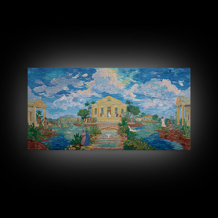 Dreamy Temple Lake Landscape Wall Art, Blue Impressionist Nature Scene, Spiritual African Inspired Decor, Elegant Home Gift