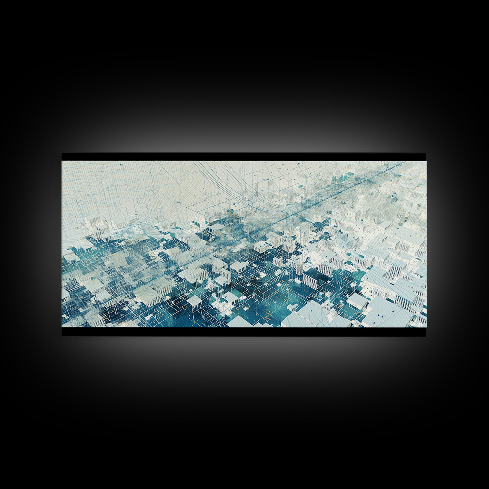 Abstract Blue City Grid Canvas Print, Minimalist Digital Landscape, Modern Wall Art, Cool Geometric Office Decor Art Gift