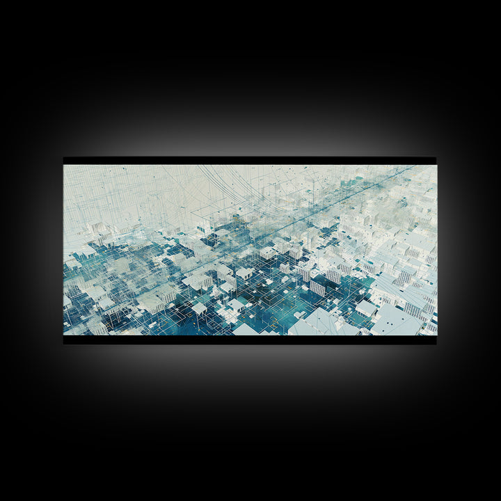 Abstract Blue City Grid Canvas Print, Minimalist Digital Landscape, Modern Wall Art, Cool Geometric Office Decor Art Gift