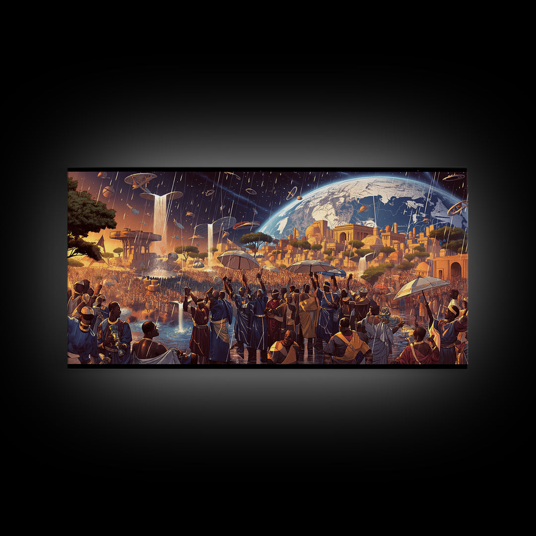 Afrofuturist African City Celebration Framed Canvas Print, Black Culture Art, Afrocentric Wall Art, Bold Home Decor, Statement Piece