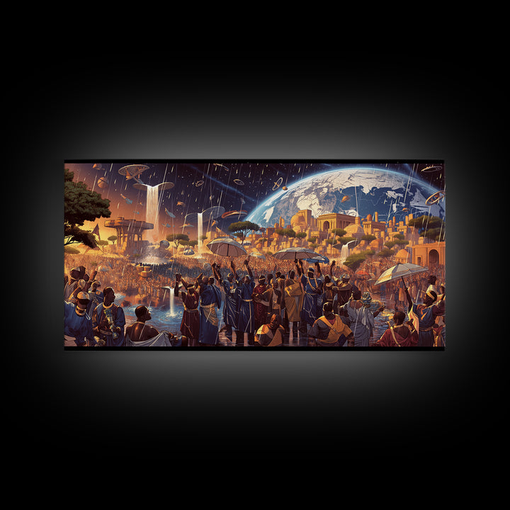 Afrofuturist African City Celebration Framed Canvas Print, Black Culture Art, Afrocentric Wall Art, Bold Home Decor, Statement Piece