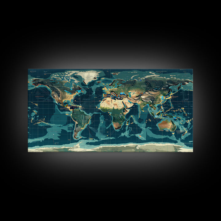 Teal Illustrated World Map Wall Art, Digital Art, Office Decor, Modern Wall Decor, Large Canvas Wall Art, Gift For Travelers