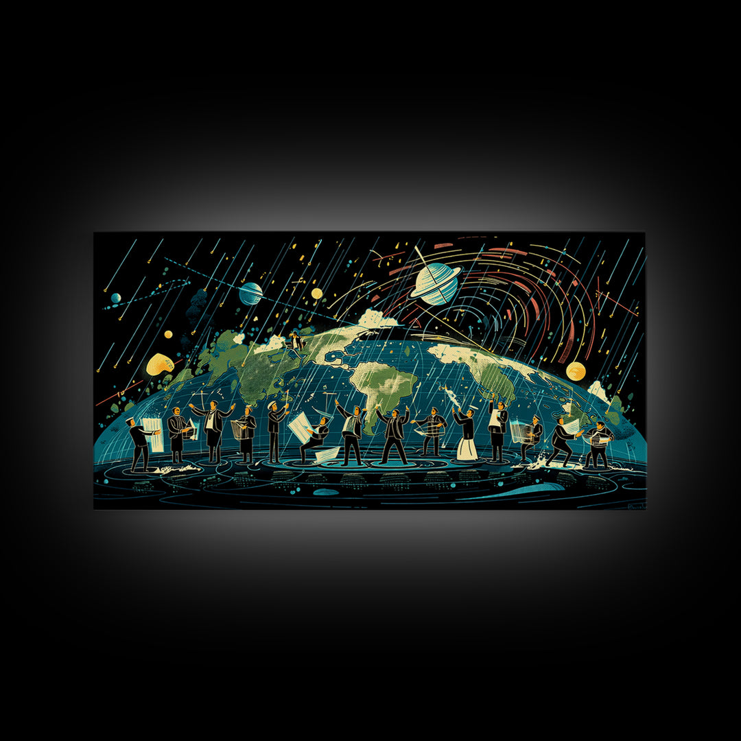 Cosmic Orchestra Over Earth Canvas Print, Digital Art, Modern Wall Art, Music Room Decor, Unique Canvas Art, Gift For Him