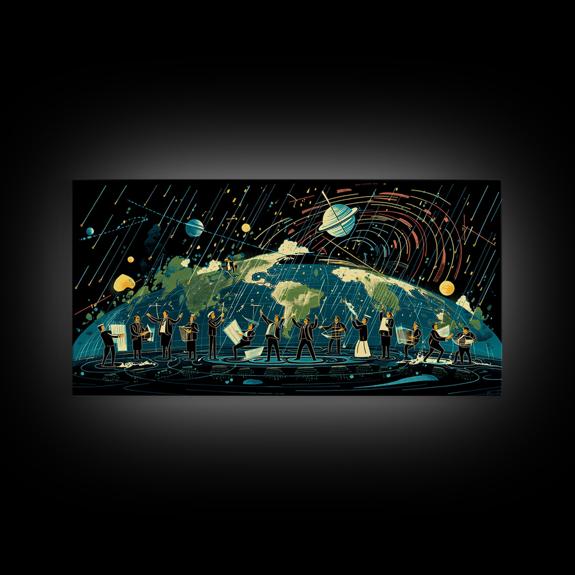 Cosmic Orchestra Over Earth Canvas Print, Digital Art, Modern Wall Art, Music Room Decor, Unique Canvas Art, Gift For Him