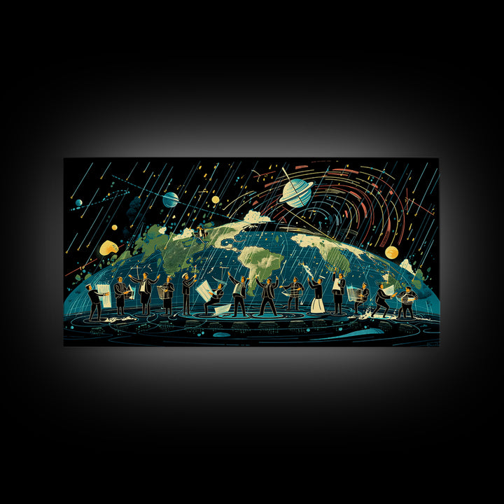 Cosmic Orchestra Over Earth Canvas Print, Digital Art, Modern Wall Art, Music Room Decor, Unique Canvas Art, Gift For Him