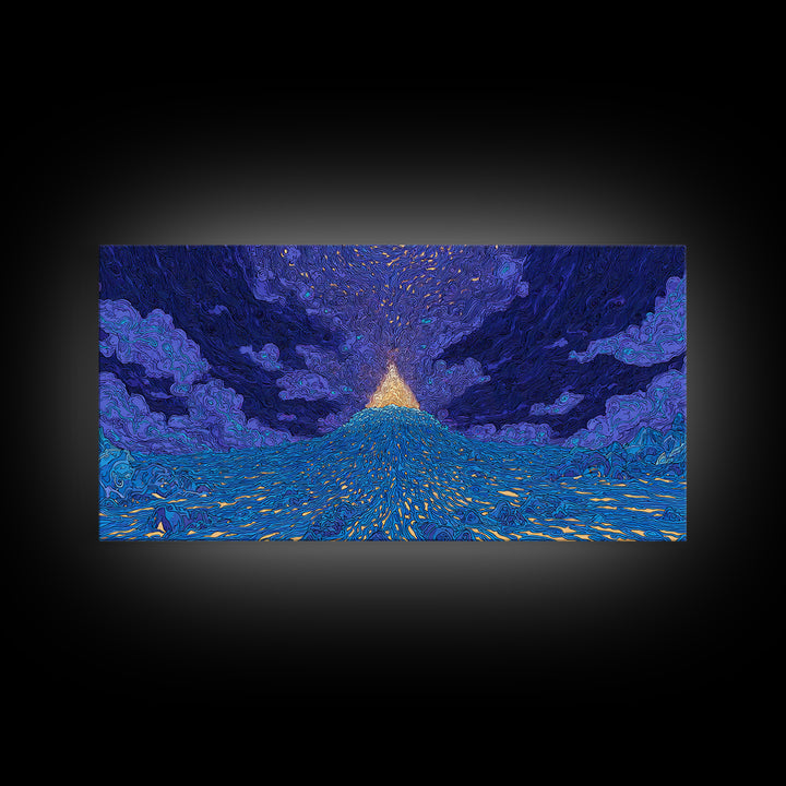 Glowing Golden Pyramid Over Blue Sea Wall Art, Mystical Wall Art, Spiritual Wall Decor, Dreamy Wall Art, Unique Home Decor