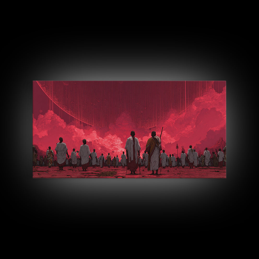 Red Dystopian Pilgrimage Landscape Framed Canvas Print, African Inspired Wall Art, Cultural Art, Bold Living Room Decor, Gift