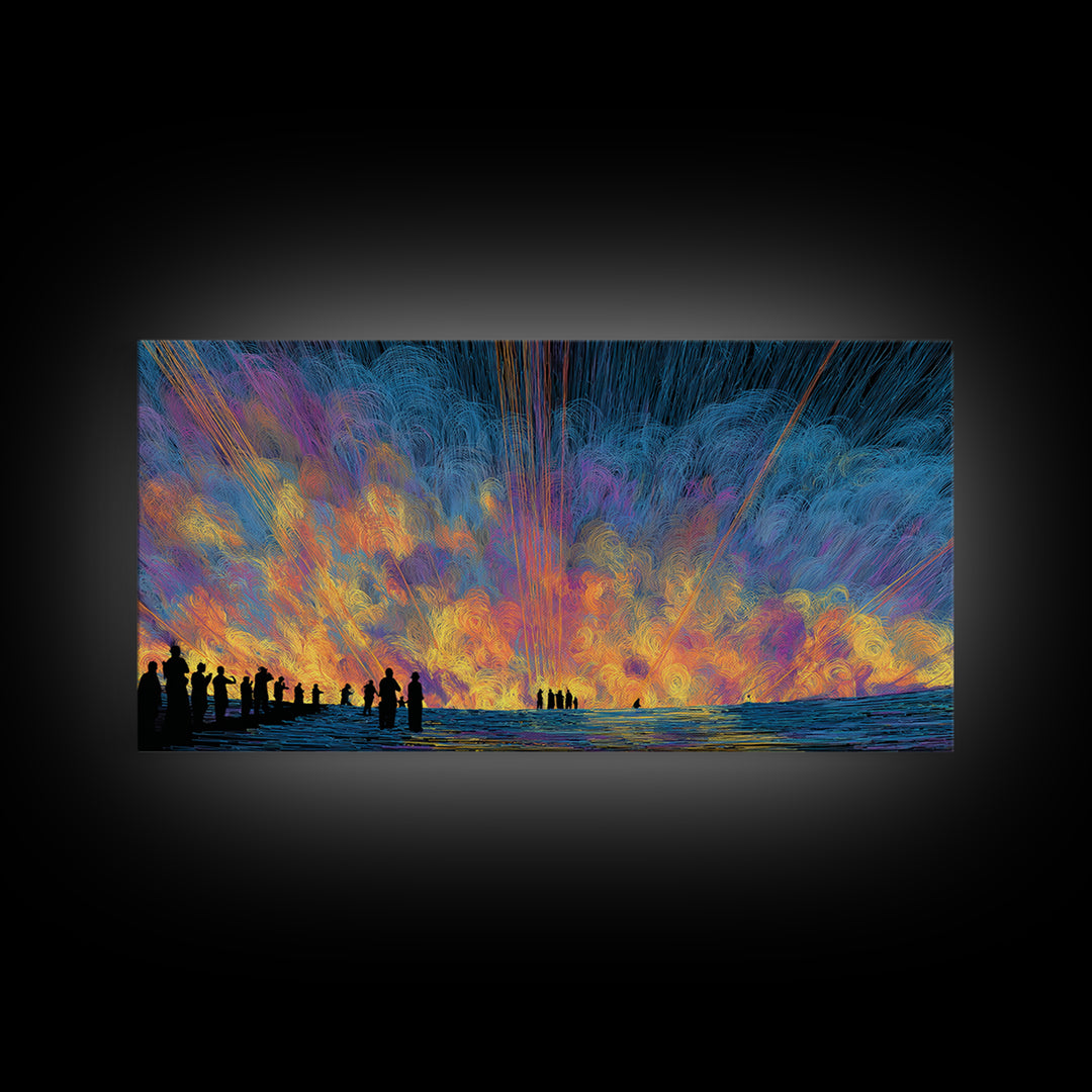 Cosmic Sunset Figures By The Sea Canvas Print, Colorful Wall Decor, Modern Abstract Art, Statement Wall Art, Unique Gift