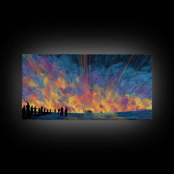 Cosmic Sunset Figures By The Sea Canvas Print, Colorful Wall Decor, Modern Abstract Art, Statement Wall Art, Unique Gift