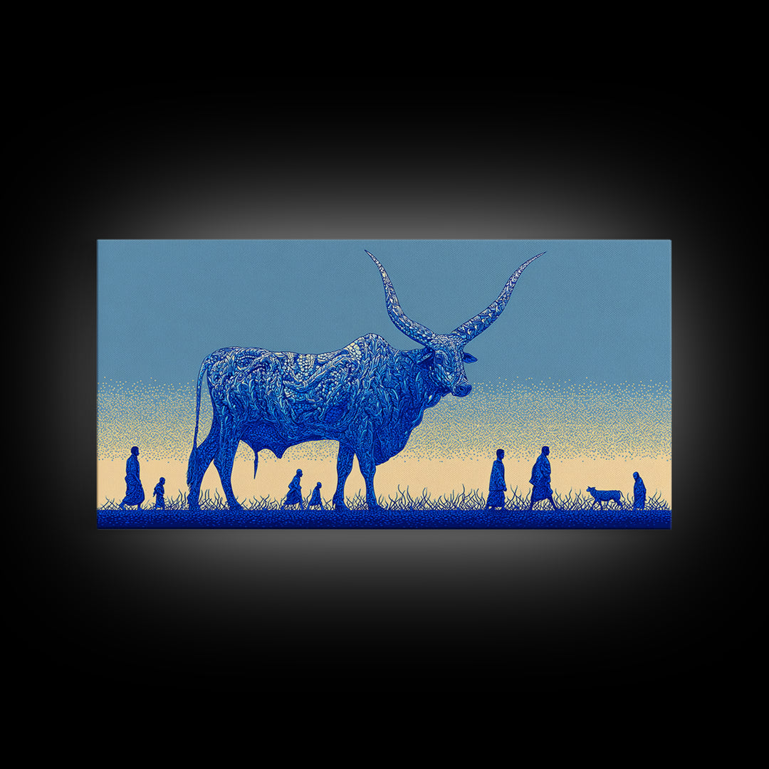 Giant Blue Longhorn Cattle Wall Art, African Animal Art Canvas Print, Safari Decor, Statement Living Room Wall Decor Gift