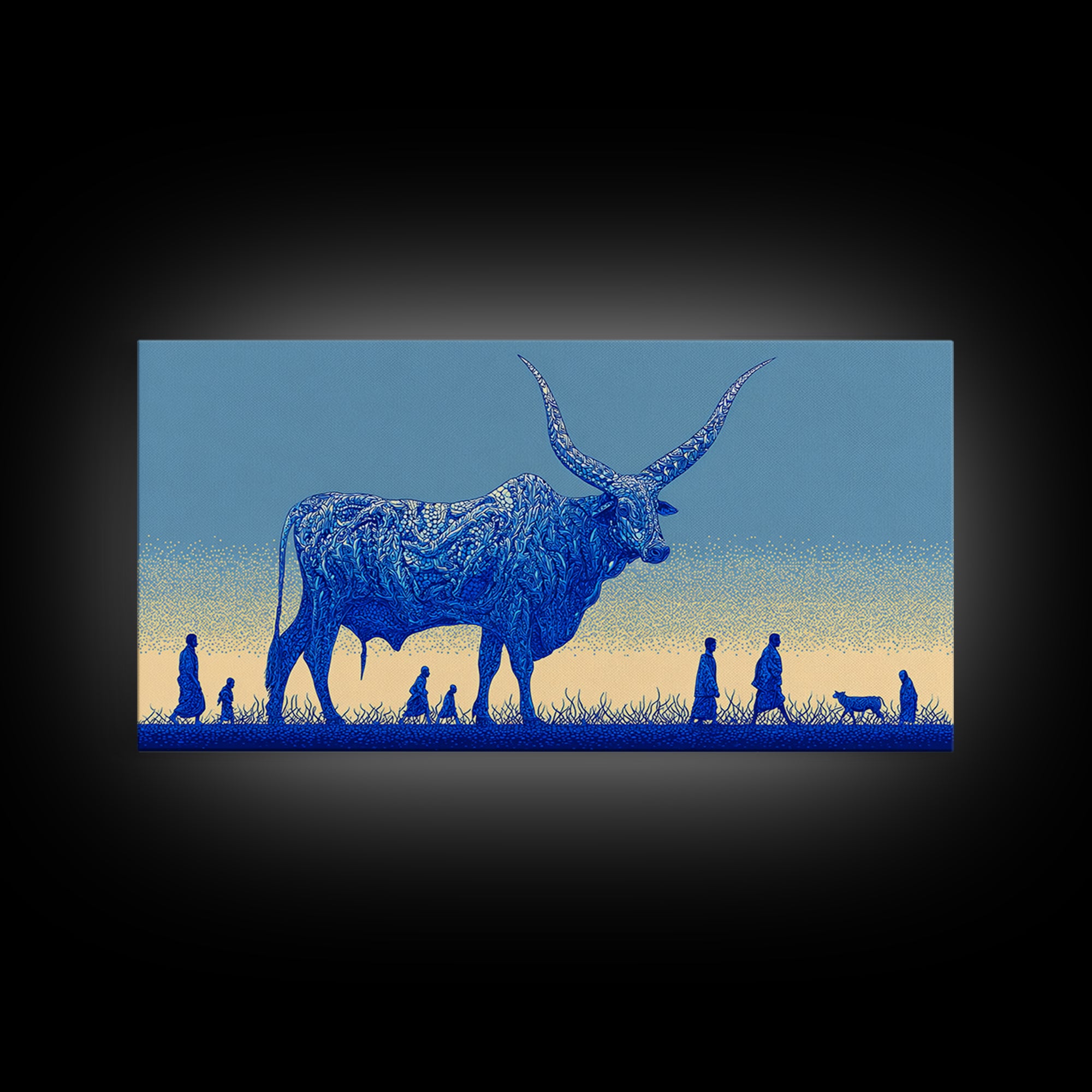 Giant Blue Longhorn Cattle Wall Art, African Animal Art Canvas Print, Safari Decor, Statement Living Room Wall Decor Gift