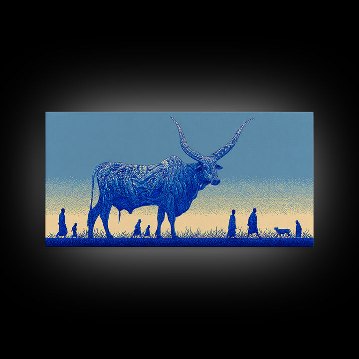 Giant Blue Longhorn Cattle Wall Art, African Animal Art Canvas Print, Safari Decor, Statement Living Room Wall Decor Gift