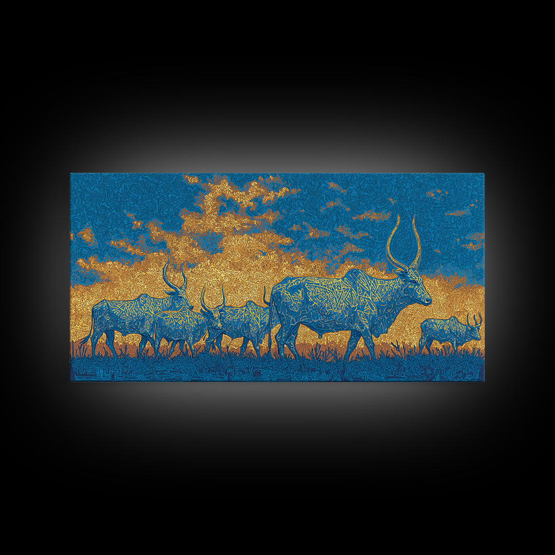 Blue And Gold Watusi Herd Wall Art, African Safari Art Canvas Print, Savanna Landscape, Colorful African Wall Decor Gift