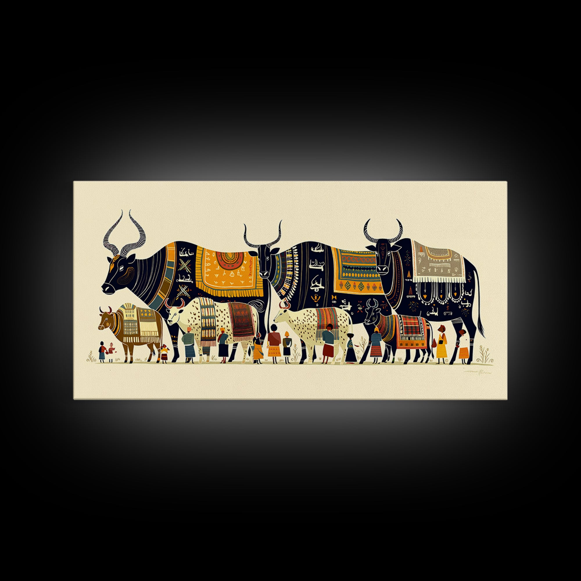 Patterned Watusi Cattle Parade Wall Art, African Fabric Canvas Print, Ankara Decor, Cultural Home Decor Unique Gift For Her