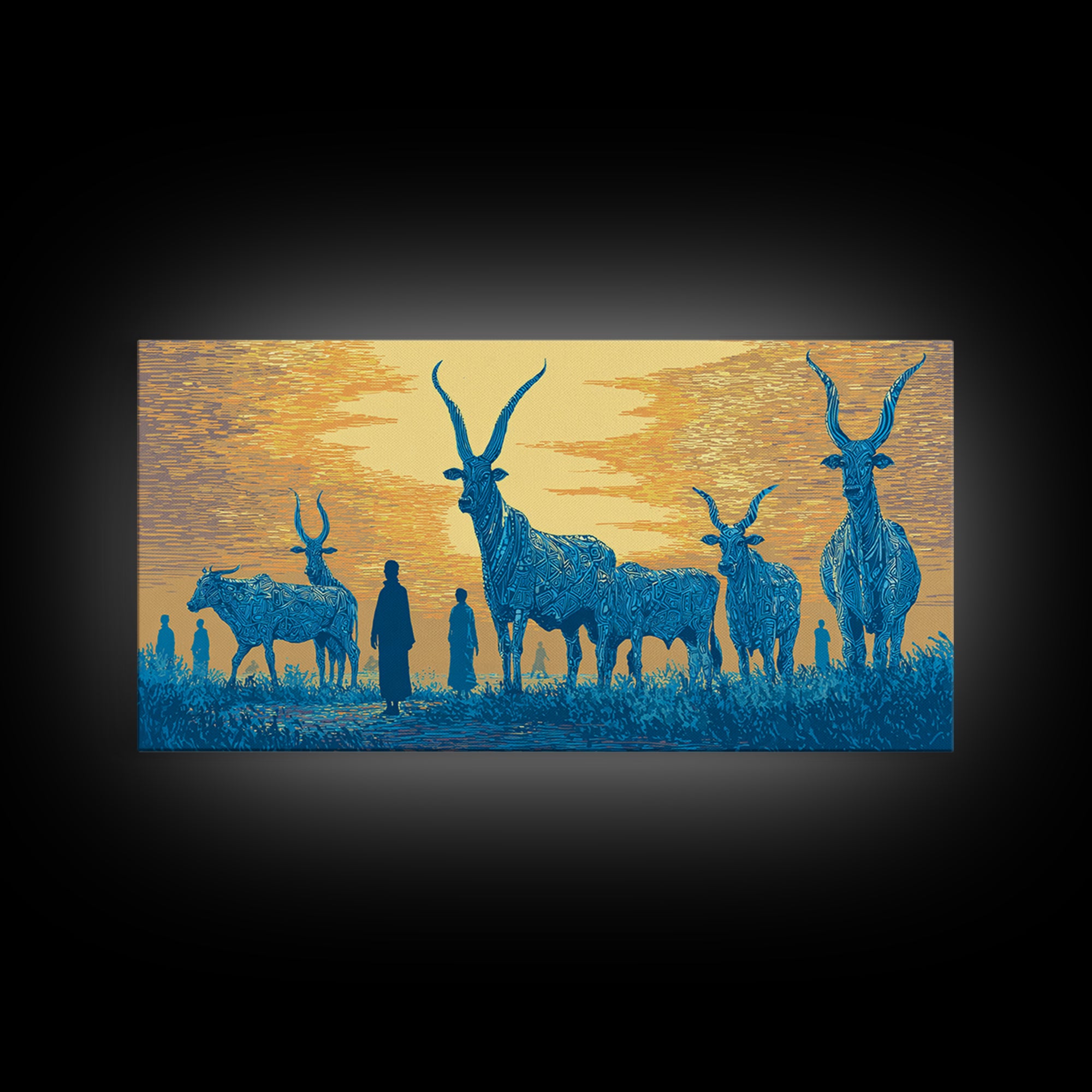 Blue Watusi Cattle Sunset Wall Art, African Safari Art Canvas Print, African Landscape, Rustic Living Room Decor Gift For Him