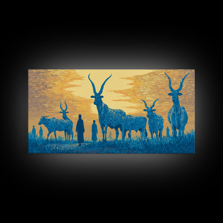 Blue Watusi Cattle Sunset Wall Art, African Safari Art Canvas Print, African Landscape, Rustic Living Room Decor Gift For Him
