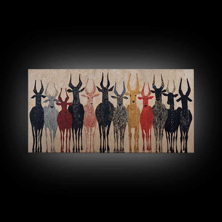 Tribal Antelope Herd Wall Art, African Tribal Art Canvas Print, Earth Tone Safari Decor, Bold Ethnic Wall Decor Gift For Home