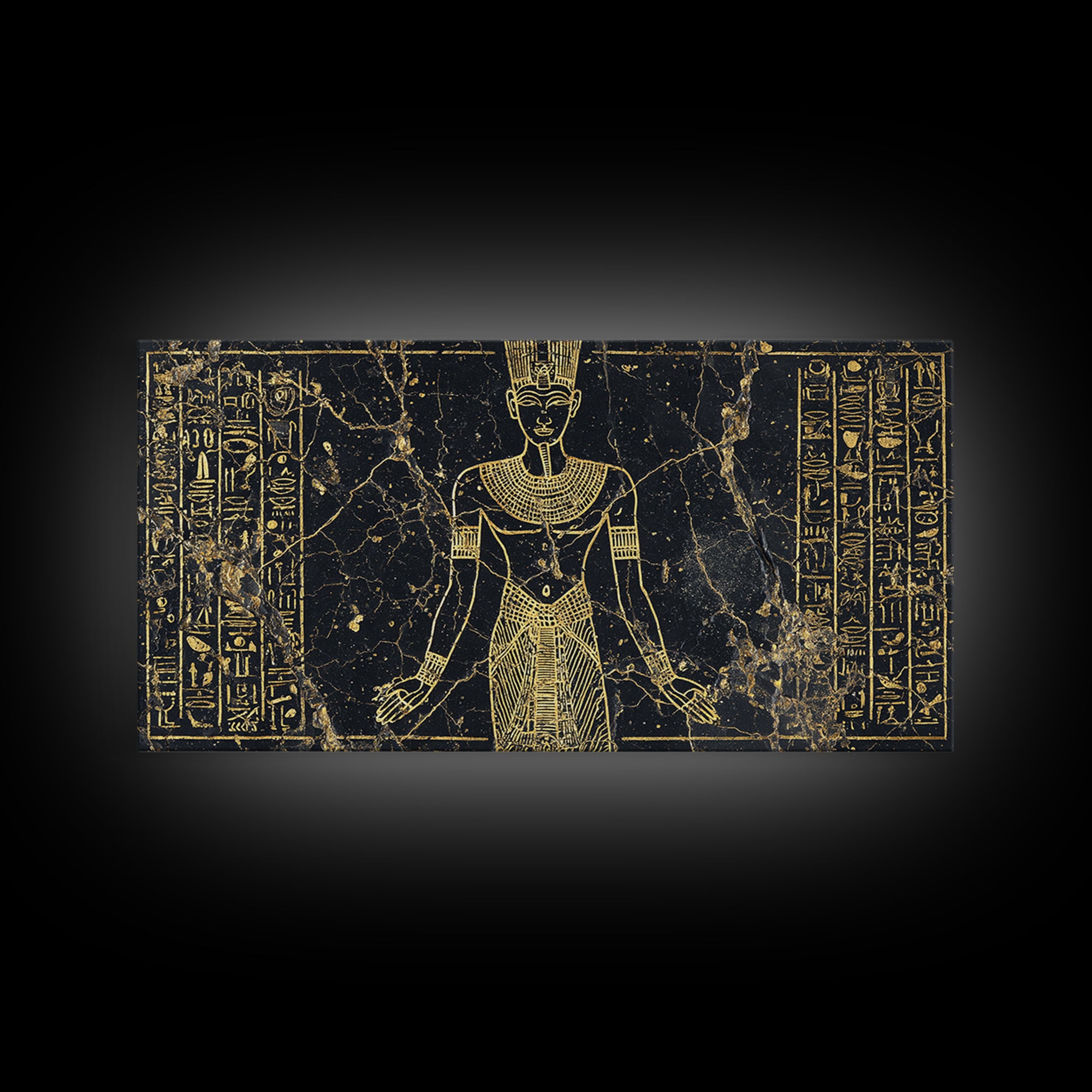 Gold Egyptian Queen Wall Art, African Egyptian Art Canvas Print, Hieroglyph Goddess Portrait, Black And Gold Home Decor Gift