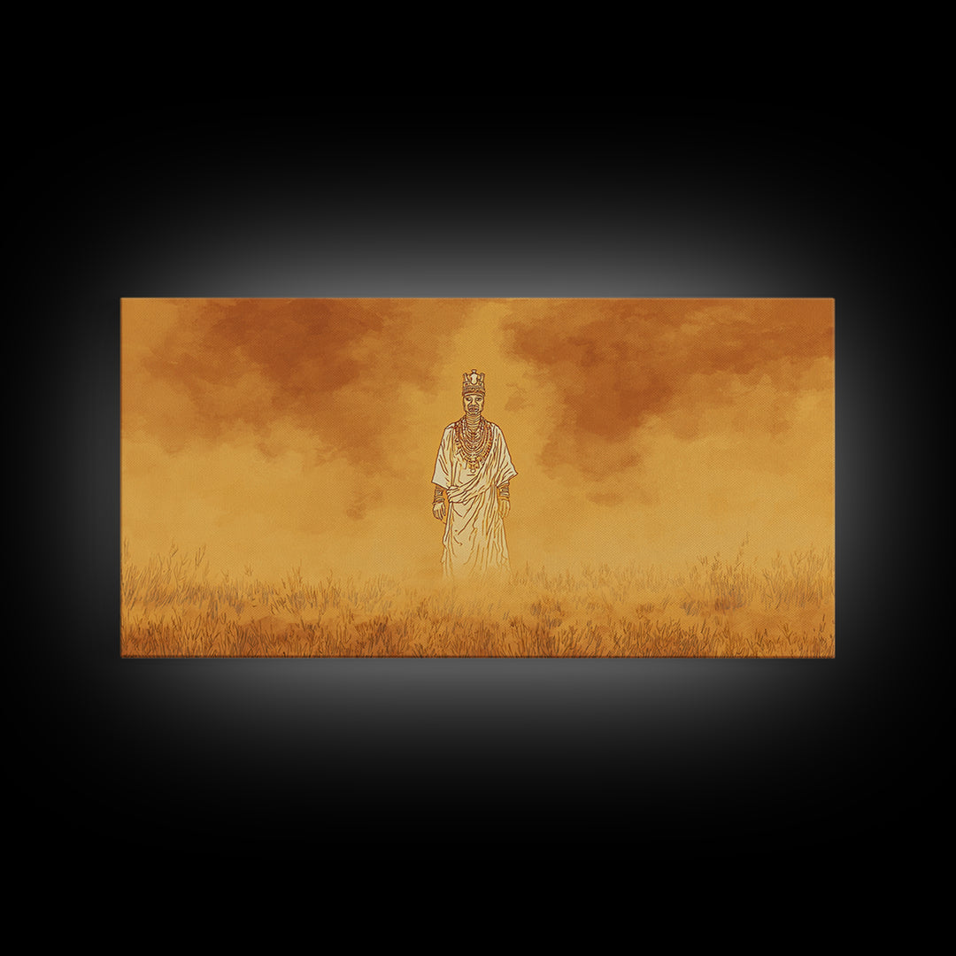 Golden African Spirit Figure Canvas Print, Mystical Savanna Landscape, Earth Tone Afrocentric Decor, Spiritual Wall Art Gift