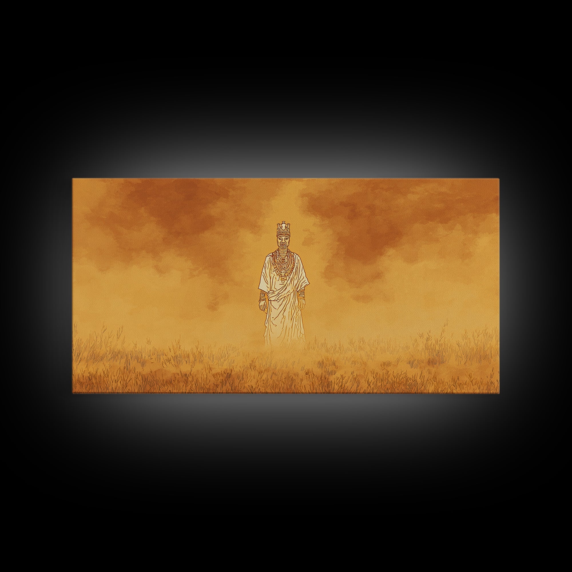 Golden African Spirit Figure Canvas Print, Mystical Savanna Landscape, Earth Tone Afrocentric Decor, Spiritual Wall Art Gift