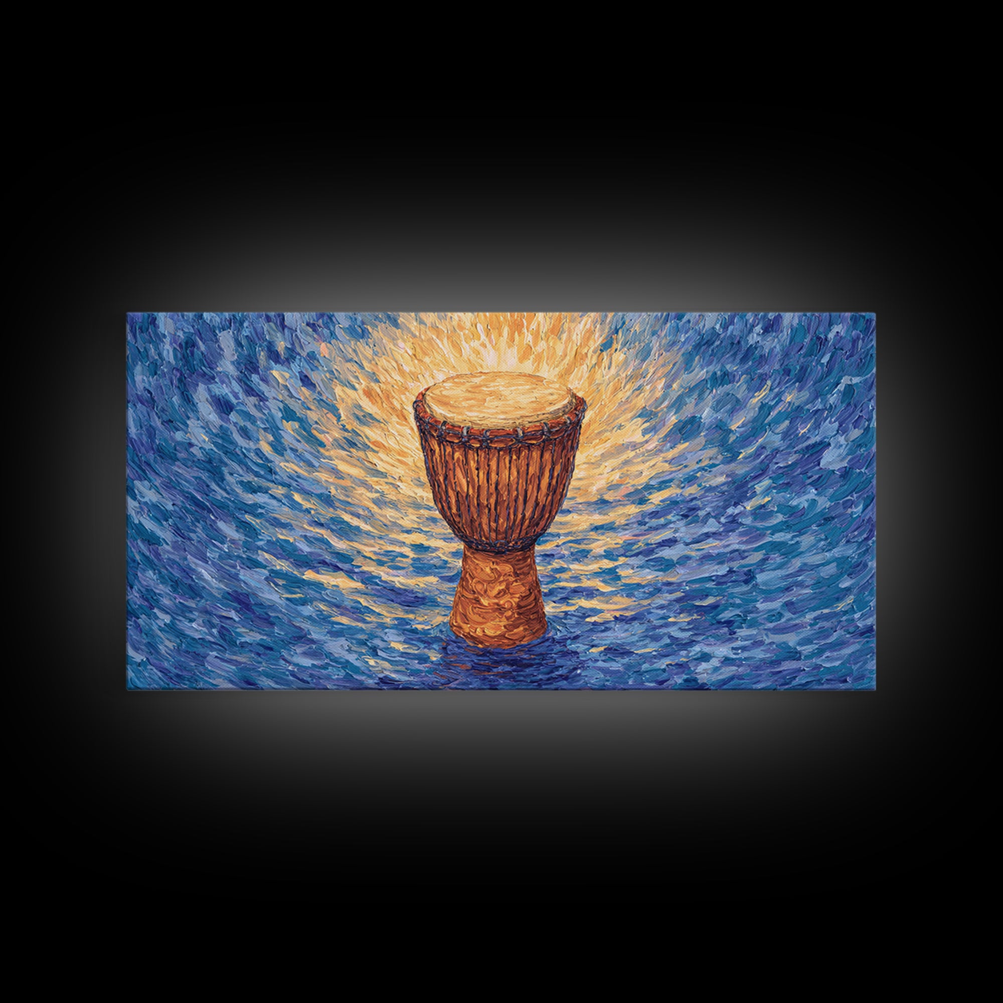 Solo Djembe Drum Framed Canvas Print, African Music Wall Art, Blue Gold Cultural Decor, Afrocentric Rhythm Gift For Living Room