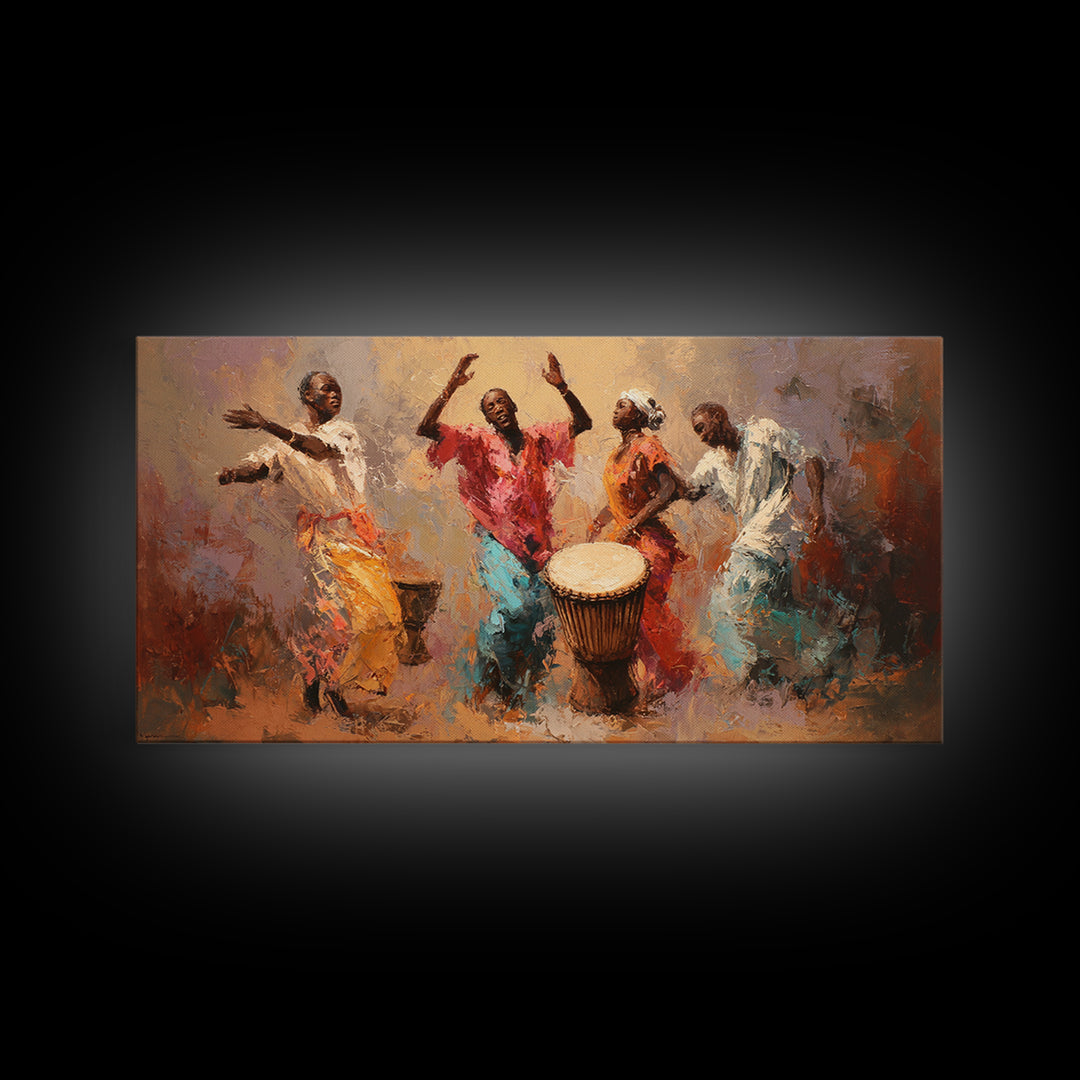 Joyful African Dancers With Drum Wall Art, Abstract Afrocentric Painting, Colorful Cultural Decor, Music Room Canvas Gift
