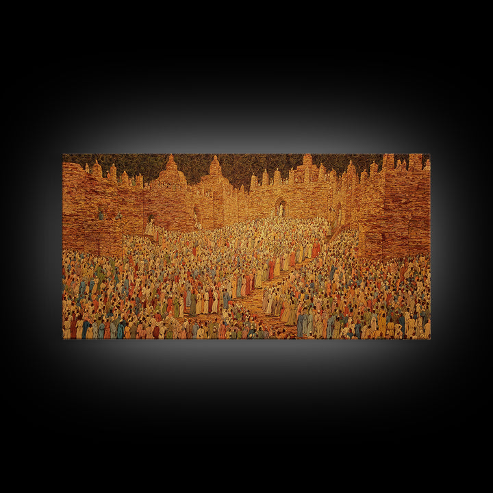 Golden West African City Crowd Canvas Print, Abstract Cultural Wall Decor, Ancient Architecture Art, Warm Earth Tone Gift