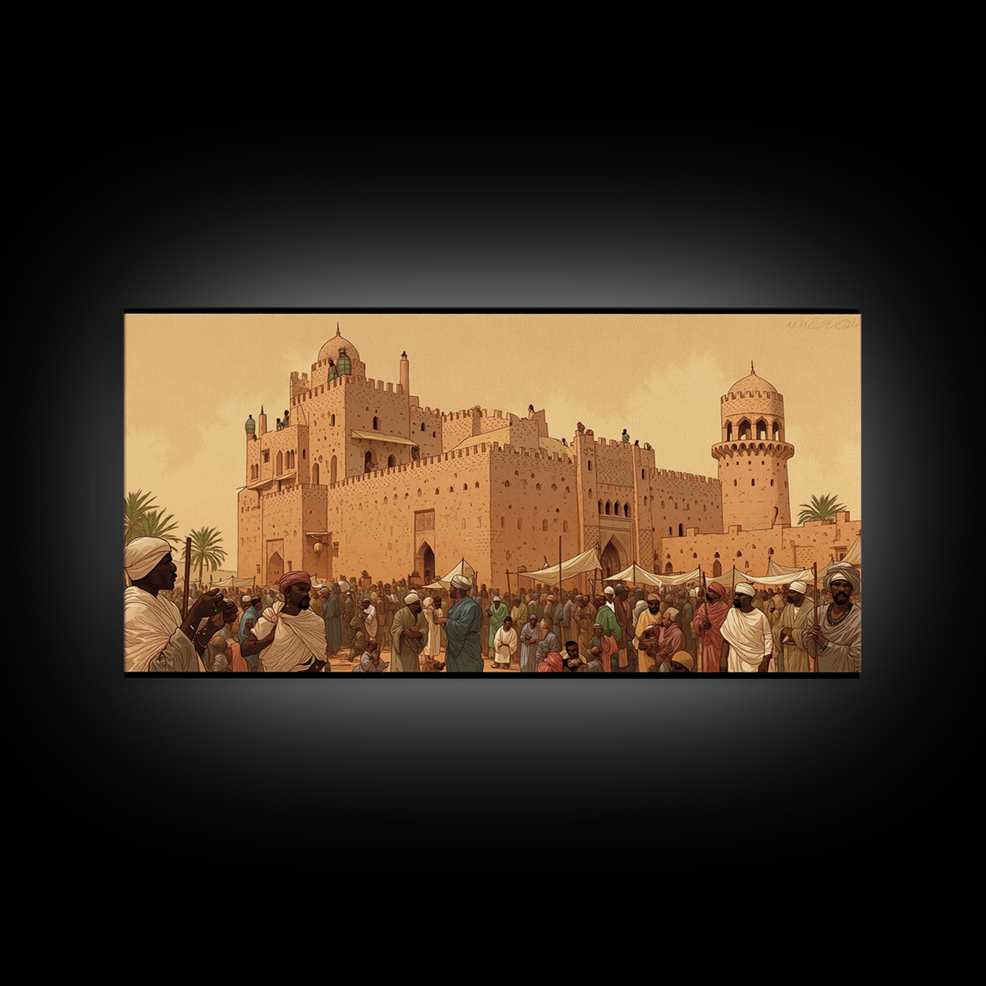 Desert Palace Market Framed Canvas Print, African Travel Wall Decor, Historic Cityscape Painting, Cultural Home Decor Gift