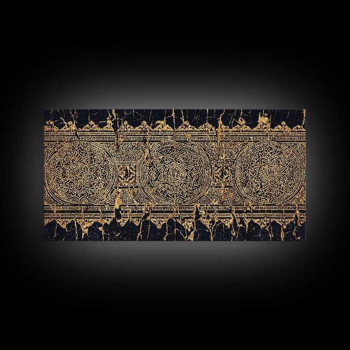 Gold Tribal Pattern Wall Art, African Abstract Textile Print, Black And Gold Decor, Boho Ethnic Home Decor Canvas Print Gift