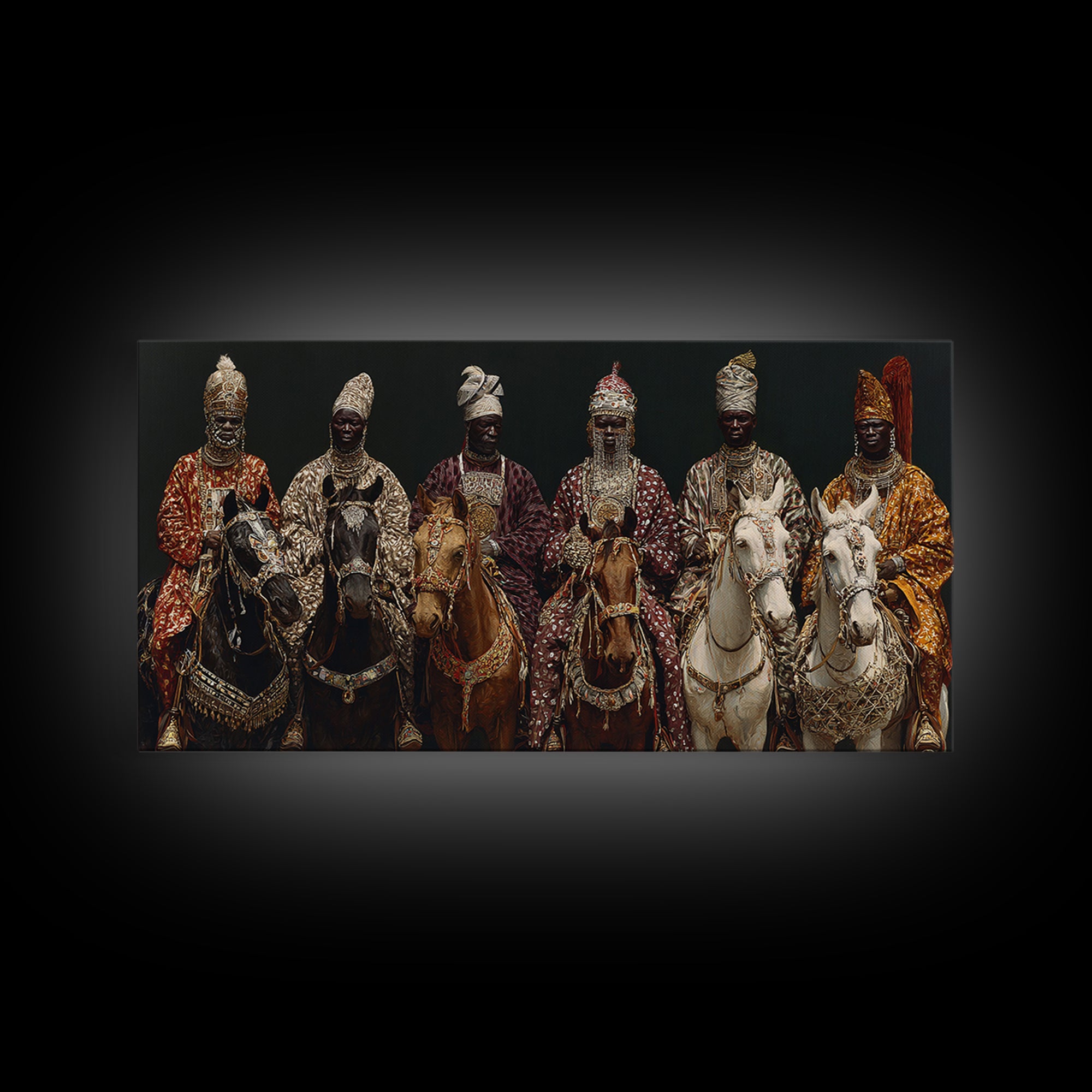 Royal African Horsemen Framed Canvas Print, Jeweled Cavalry Portrait Wall Art, Tribal Queen Decor, Luxury Home Decor Gift