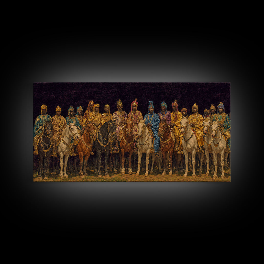 Golden African Royal Horsemen At Night Wall Art, Luxury Afrocentric Canvas Print, Traditional Tribal Decor, Statement Piece