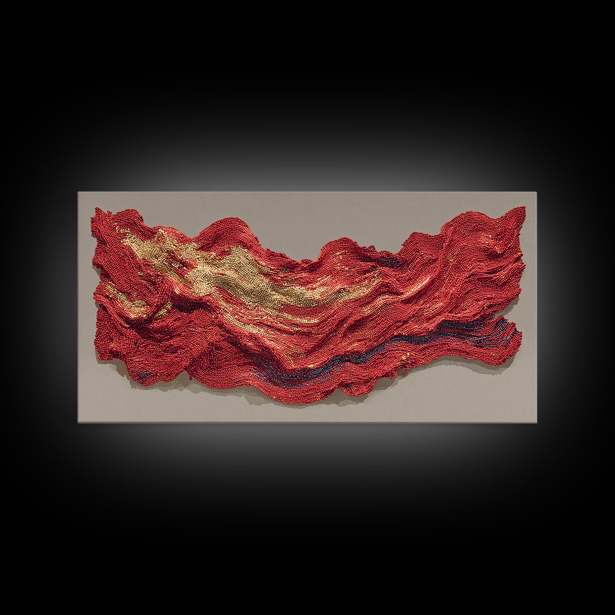 Red And Gold Beaded Wave Sculpture Wall Art, African Abstract Textile Decor, Luxury Canvas Print, Bold Contemporary Home Accent
